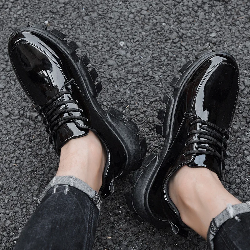 

2019 Autumn New Style British Style Locomotive Leather Boot Fashion Thick Bottomed Extra High MEN'S SHOES Korean-style Bright Su