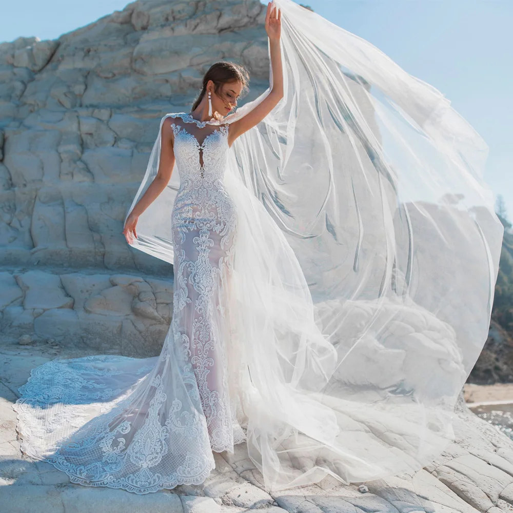 

Sexy O-neck Sleeveless Wedding Dresses with Detachable Cape Lace Applique Mermaid Wedding Dress Bridal Gown Vestido De Noiva