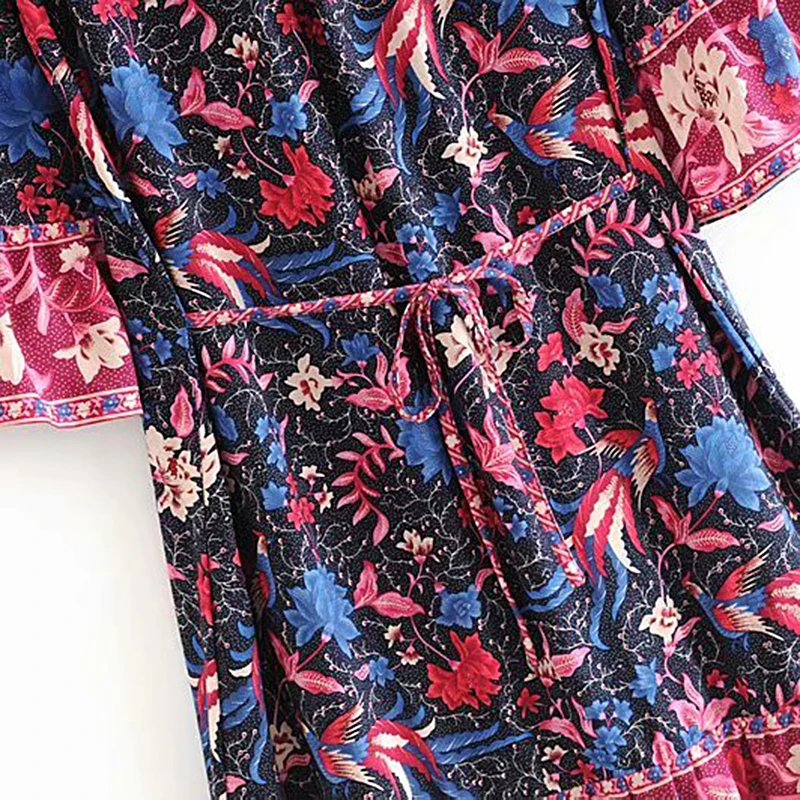 Boho шикарное летнее винтажное мини-платье с цветочным принтом и птицами для женщин модное платье с v-образным вырезом и кисточками на шнуровке пляжный платье vestidos mujer