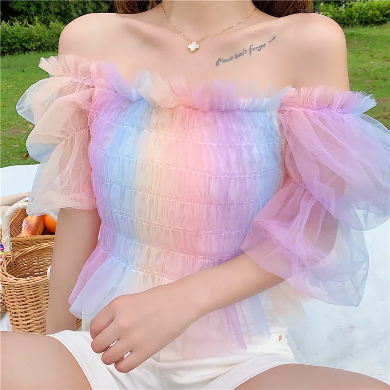 Striped Rainbow Stretchy Shirt Summer Sweet Ruffles Slash Neck Cropped Blouses Women Mesh Crop Tops For Girls |