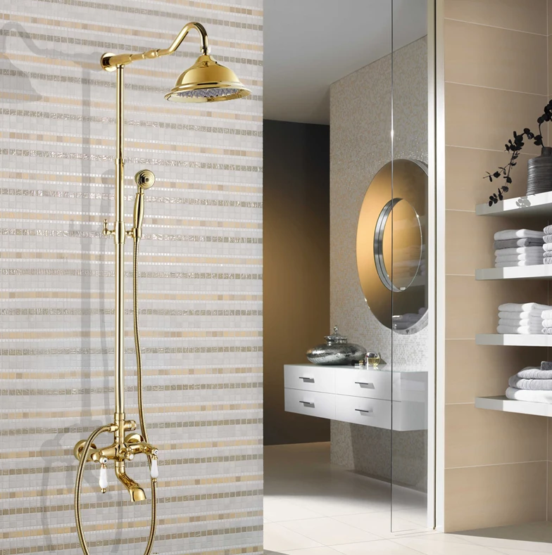 

Gold Color Brass Bathroom Shower Faucets Set Dual Handles Wall Mounted Bath Shower Mixers with Swivel Tub Spout zgf623