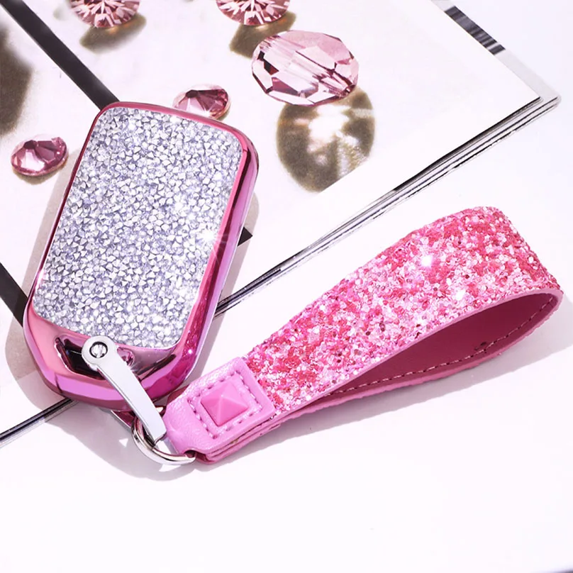 Pink with Keychain Модный роскошный блестящий чехол для ключей для Honda Hrv Civic2017 Accord2003-2007 CR-V Freed Piloo Auto KeyShell - Название цвета: Pink with Keychain