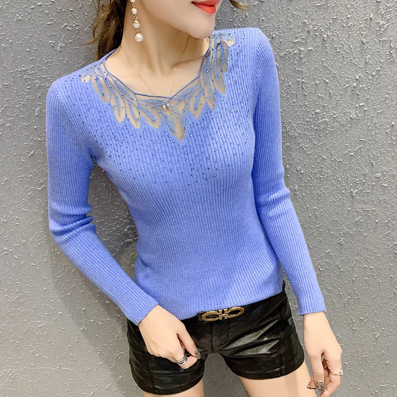 

Korean Pullover Sweater Sexy Patchwork Lace Diamonds Autumn Winter Women Top Knitted Sweater Pull Femme Bottoming Shirt M99509