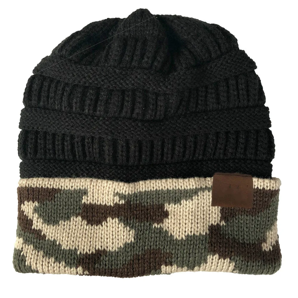 New Fashion Woman Winter Warm Hat Knit Thick Camouflage Stitching Hat Cashmere Beanies Unisex Accessories Cap