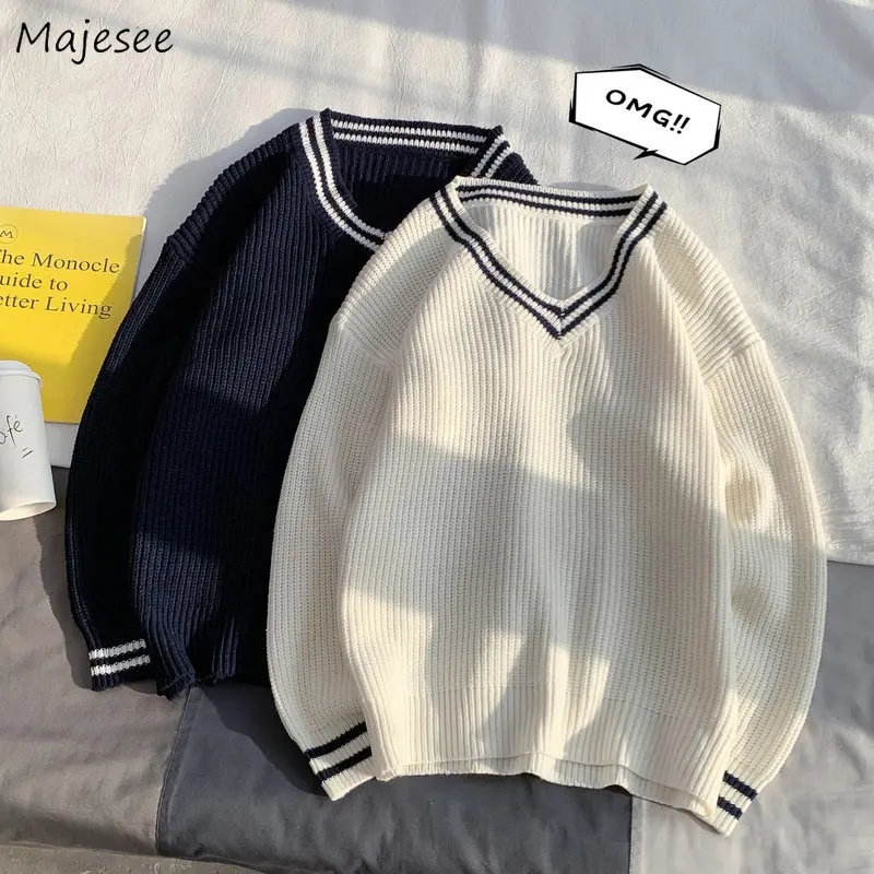 Jersey holgado con cuello en V para hombre, ropa de calle de punto para estudiantes, suave, cálido, moderno y elegante, combina con todo, moda para parejas