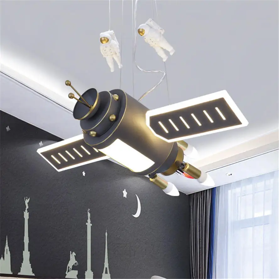 cartoon satellite astronaut led chandelier lighting for children bedroom living room personality hanging light fixtures luster