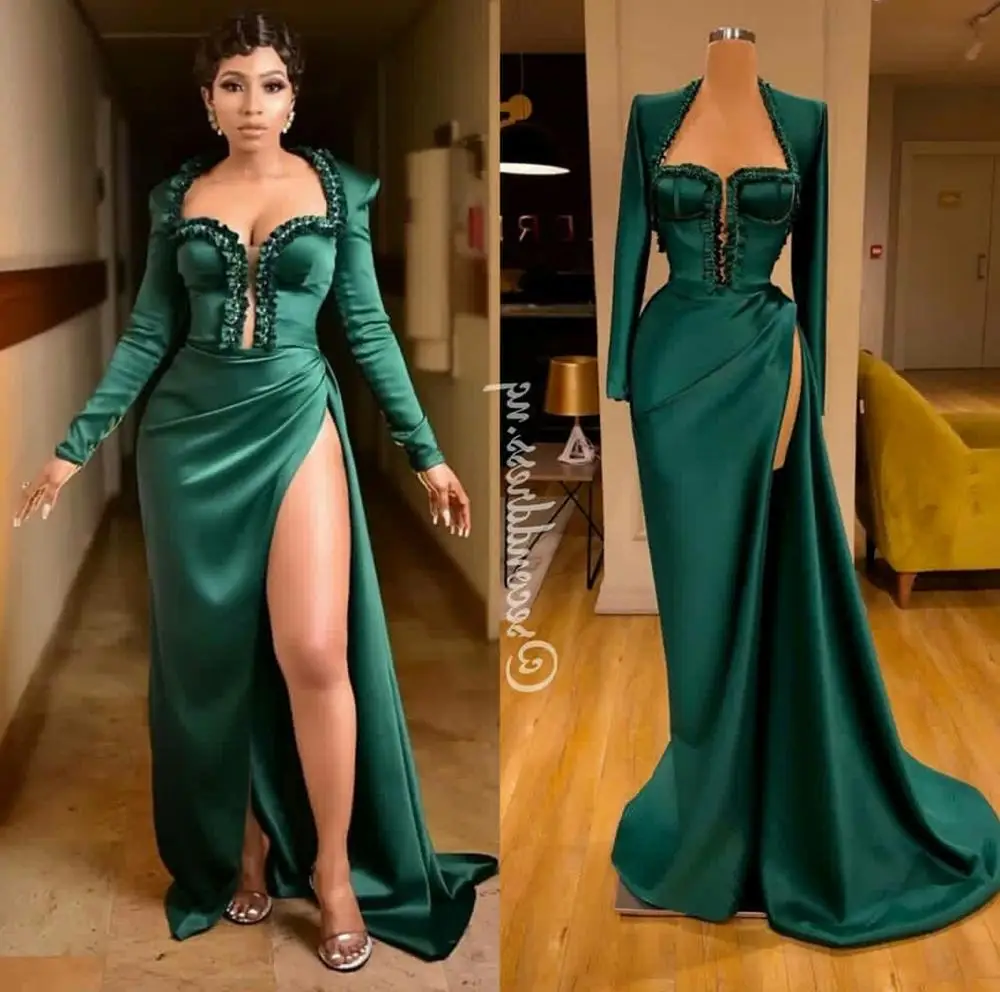 

Plus Size Green Prom Dresses Sexy Thigh High Split Long Sleeve Evening Dresses Lace Appliques Satin Runway Fashion Gowns Ogstuff