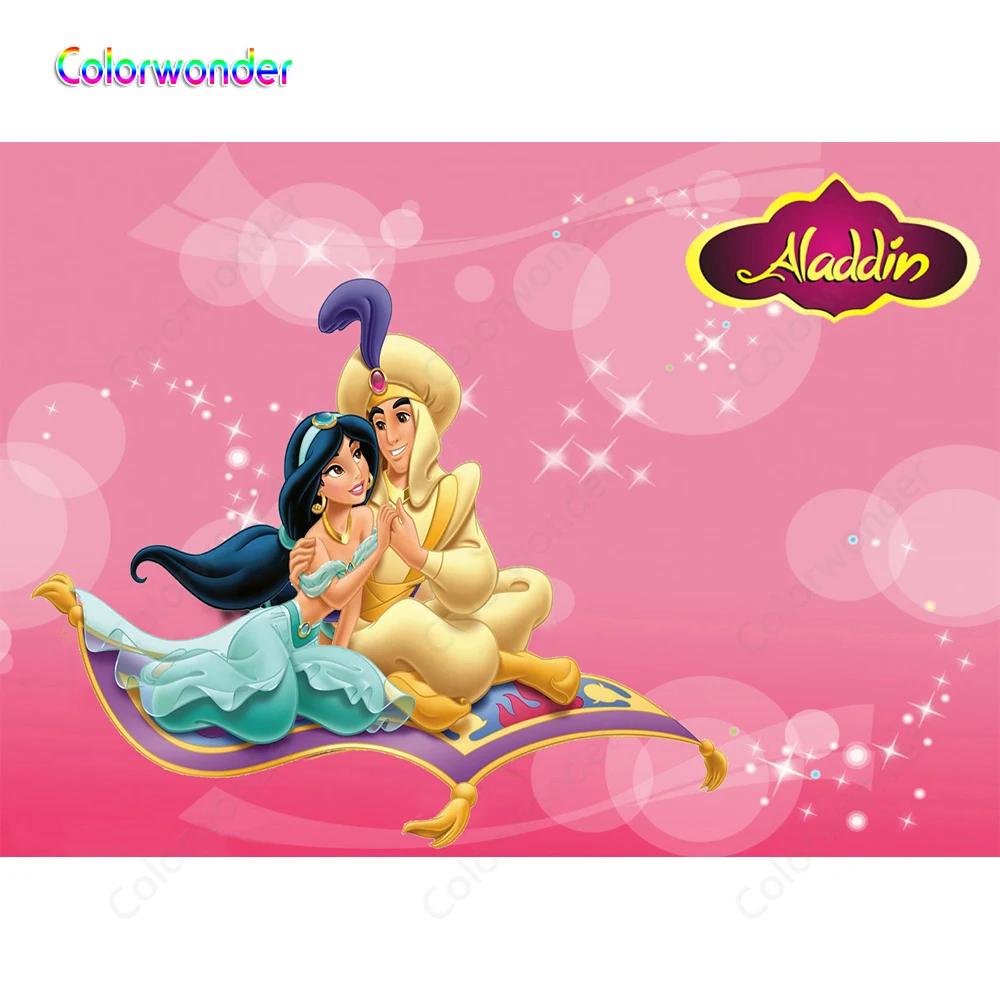 

Pink Background Jasmine Princess with Aladdin Sitting on the Magic Blanket Twinkle Stars Glitter Backdrops for Kids 1st Birthday