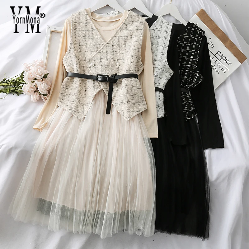 YornMona Ins женское платье 2019 новый дизайн Плиссированное кружевное и шерстяное