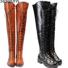 Модные женские сапоги выше колена; обувь в гладиаторском стиле со шнуровкой; высокие военные сапоги на низком каблуке; botas mujer invierno; D08