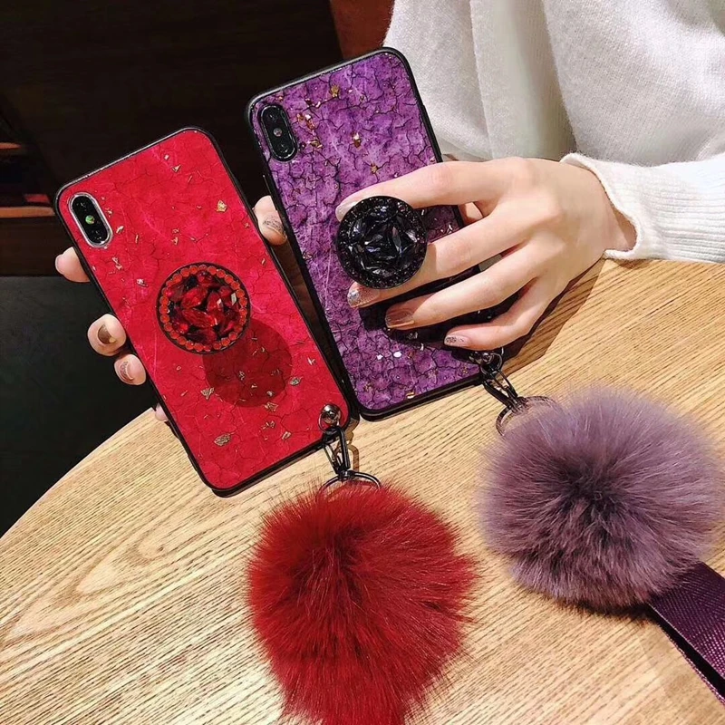 

Case For Samsung S10 5G S9 plus 8 7 Note 10 pro 8 9 M30 20 J8 J6 J4 J7 J5 J3 Gold Foil glitter Marble hair ball wrist band cover