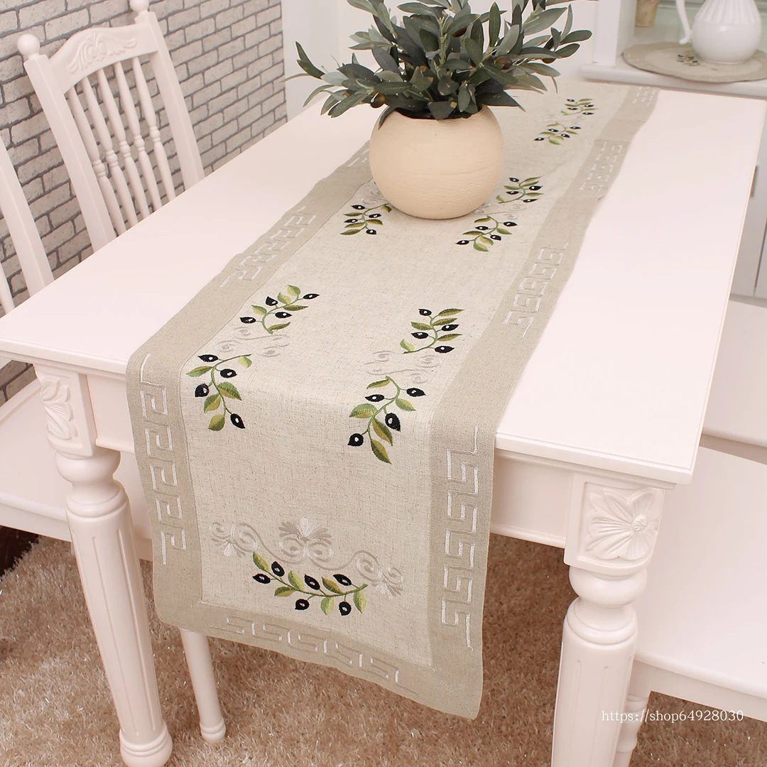 

Tablecloth For Table Wedding Decoration Modern Pastoral Green Leaf Linen Embroidery Fireplace Home Simple 40X107cm