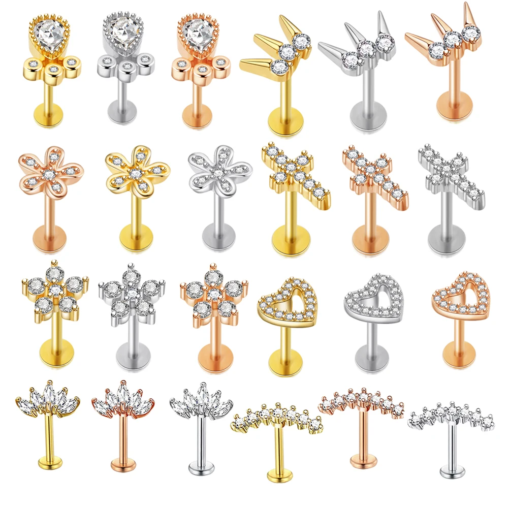 Junlowpy labret piercing jóias 16g 316l de aço inoxidável estrela lua coração orelha barras cz lábio anéis tragus brincos cartilagem 1 pçs