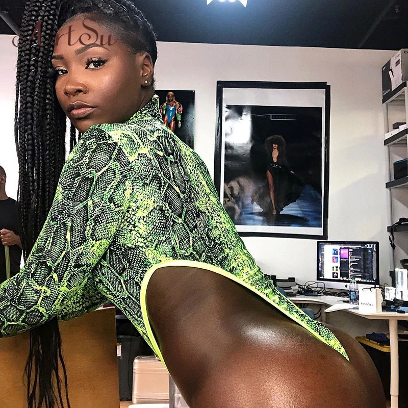 

ArtSu Neon Green Snake Print Bodysuit 2019 Sexy Turtleneck Long Sleeve Jumpsuit High-Cut Women's Bodysuits Bodycon ASJU60275