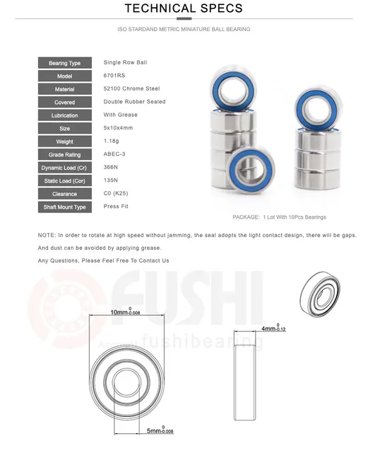 贅沢品 MR105RS Bearing MR105-2RS Miniature mm 5*10*4 (10PCS) ABEC-3 ベアリング・ボール・ブッシング