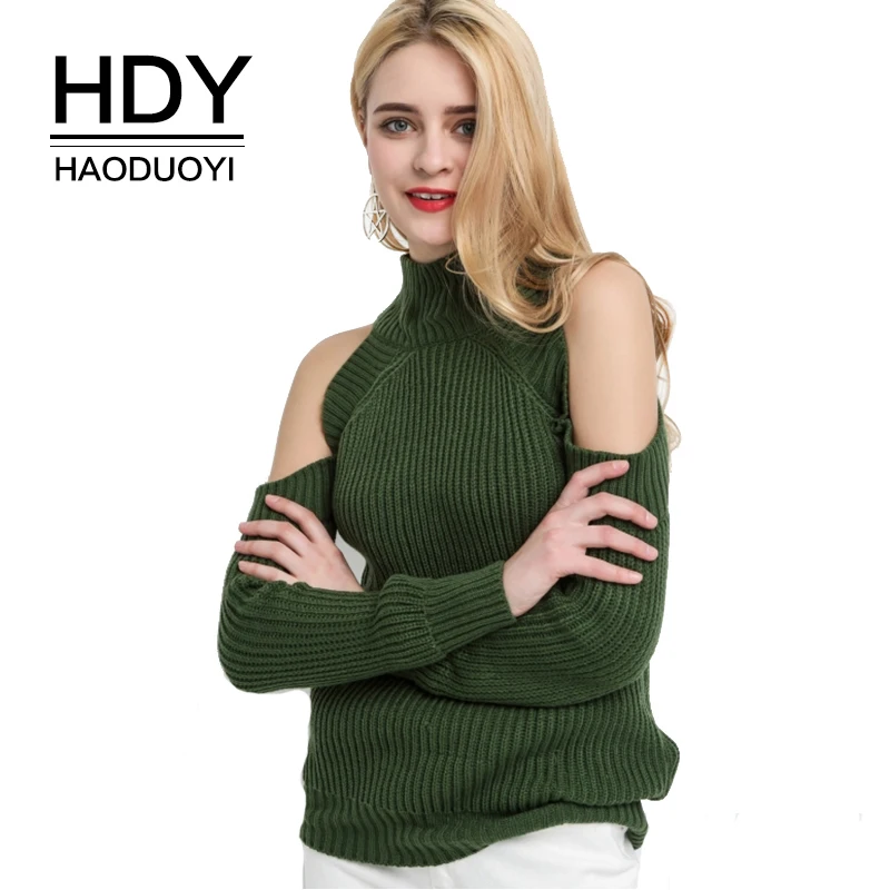 HDY Haoduoyi Women's High Neck Cold Shoulder Long Sleeve Sweater Autumn Warm Pullovers Knitted Tops Jumpers Fashion Sweaters | Женская