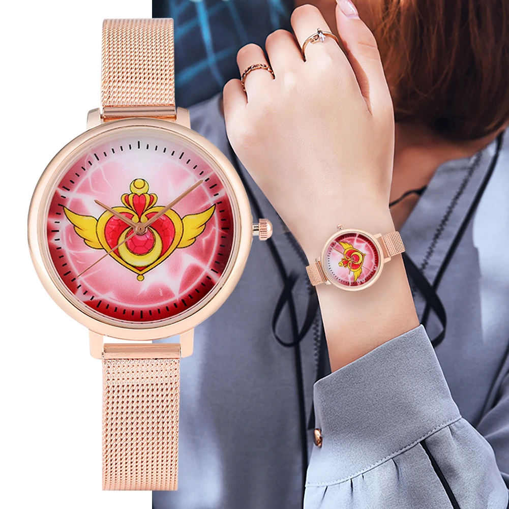 Сейлор Мун женские кварцевые часы розовое золото нержавеющая сталь/кожаный ремешок женские часы Аналоговые часы Девушки наручные часы reloj mujer
