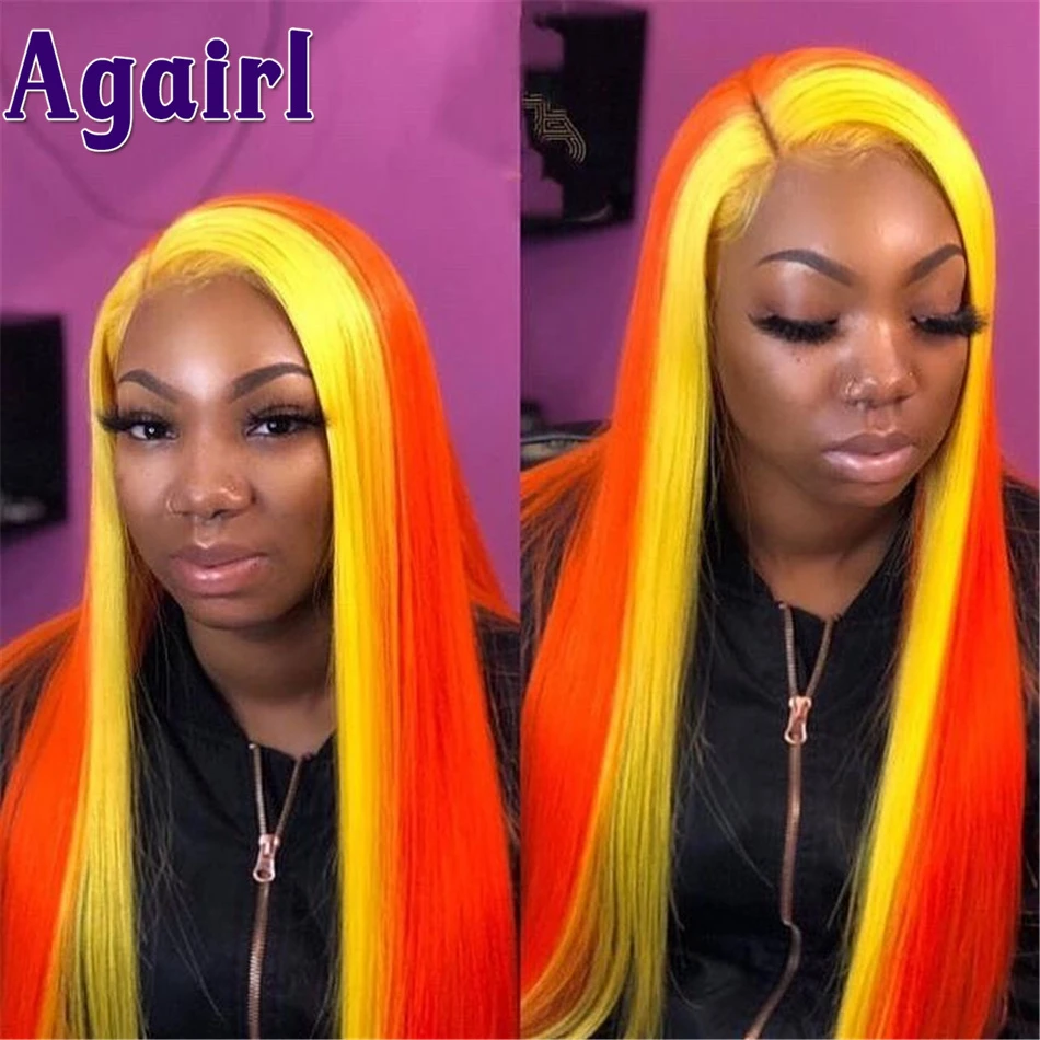 Half 613 Half Blue Half Sapphire Blue Half Pink Half Red Orange Ombre Yellow Straight Lace Front Human Hair Wigs Hd Transparent Aliexpress