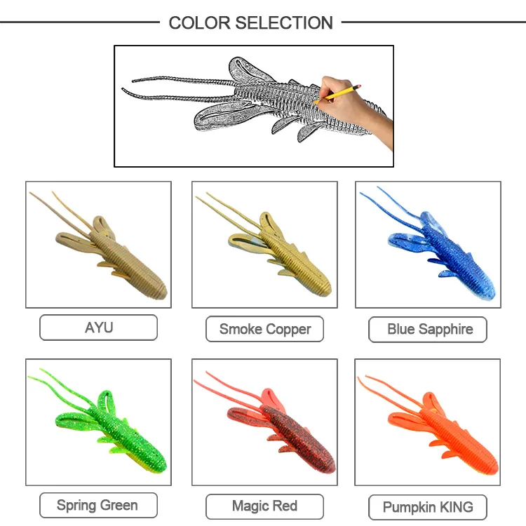 

Hot Selling 9 Cm/9G/14 Packaged in the Shape of Bars Double Color Ji G Insect Bait UV Shrimp Soft Bait Lure
