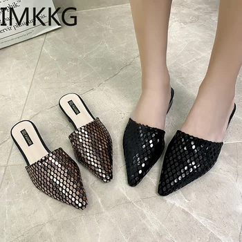

2020 New Fashion Slippers Woman Mules Shoes low Heels Pointed Toe Slides Sexy Ladies Shoes Women bling bling shoes