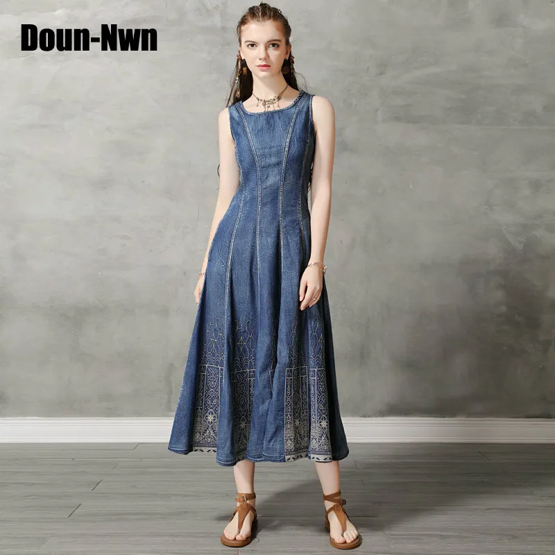 Женское джинсовое платье с круглым вырезом Длинное свободное в китайском стиле
