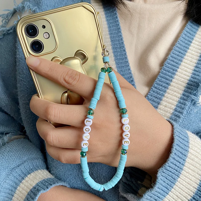 New Multicolor Mobile Phone Chain Handmade Strap Lanyard Beads Smile LOVE Letter Charm Anti-lost Cellphone Case Rope For Women 