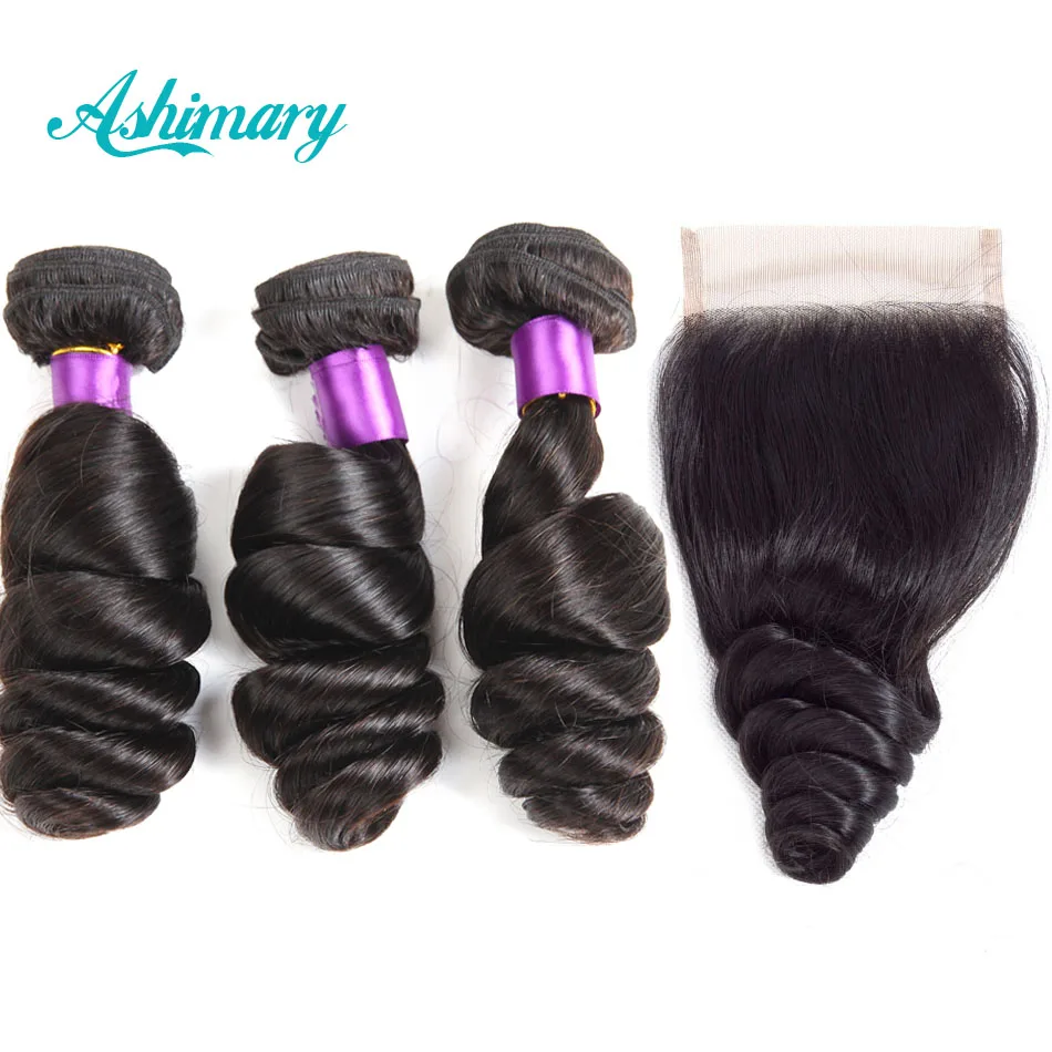 Ashimary Peruvian Loose Wave Hair Bundles with Closure Non-Remy Human Hair 3 Bundles with Lace Closure Free Part