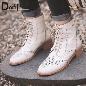 

DORATASIA New Fashion Ladies Genuine Leather Boots Women Party Office Chunky Heels Boots 2020 Lace Up Hollow Shoes Woman