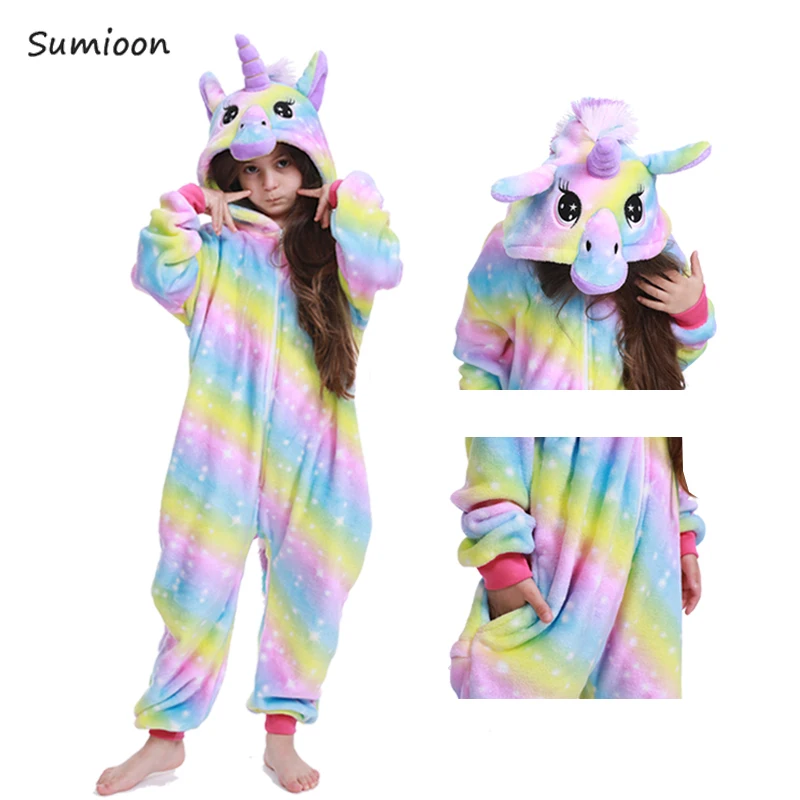 Rainbow Unicorn Kigurumi/пижамные комплекты для мальчиков и девочек; пижамы с пандой и единорогом для детей; Пижама-комбинезон для малышей; одежда для сна с животными; зимние теплые пижамы для детей - Цвет: Rainbow Unicorn