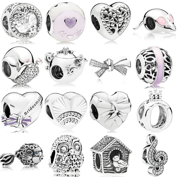 

2019 NEW 100% Real 925 Sterling Silver Heart Shaped Bow Charms Beads Clear CZ Fit Brand Bracelet Original Jewelry Gift