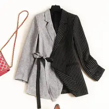 Европейский и американский женский осенне-зимний стиль длинный рукав лацканы мозаичные полосы на шнуровке модное пальто