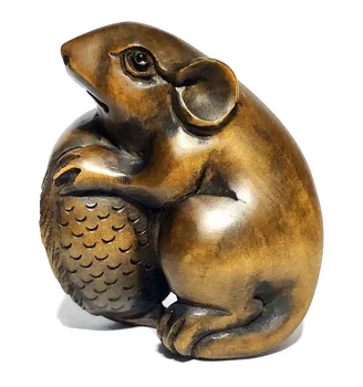 

Y6866 - 2 " Nice Quality Hand Carved Boxwood Netsuke: Mouse and Fish Home Decor