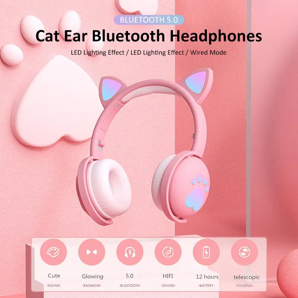 New LED Cat Ear Noise Cancelling Foldable Headphones Bluetooth 5 0 Young People Kids Headset With 3 5mm Plug With Mic