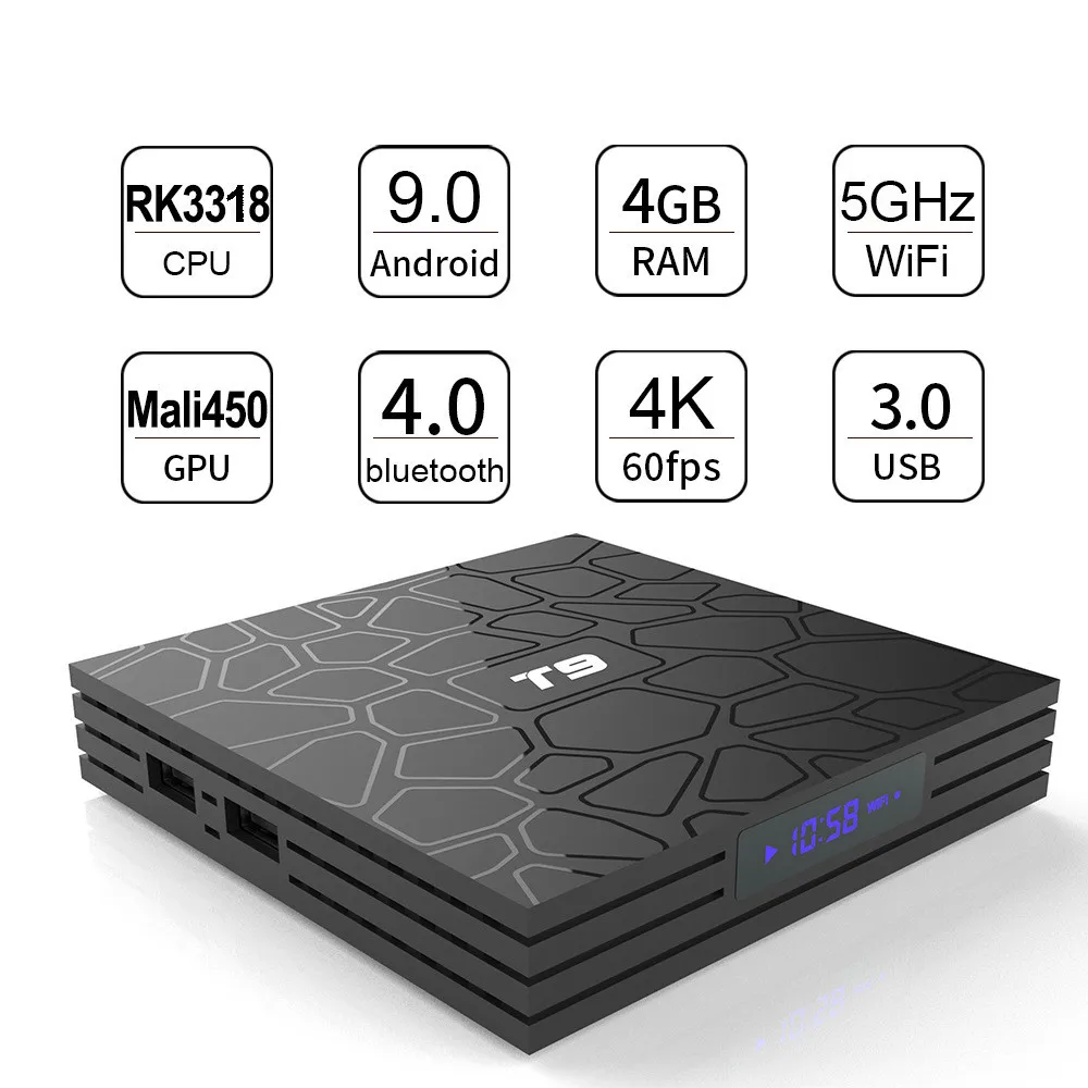 T9 Android 9,0 ТВ приставка RKchip четырехъядерный USB 3,0 4K Смарт ТВ приставка 4 Гб ОЗУ 32 ГБ/64 Гб ПЗУ медиаплеер 2,4G/5G wifi ТВ приставка T9 коробка