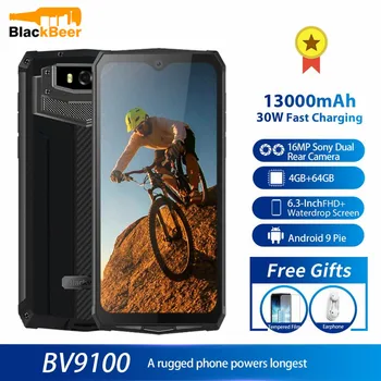 Перейти на Алиэкспресс и купить Смартфон Blackview BV9100, 6,3-дюймовый мобильный телефон, IP68 водонепроницаемый прочный сотовый телефон, 4 Гб 64 ГБ, Восьмиядерный, Android 9,0, 12000 мАч, nfc