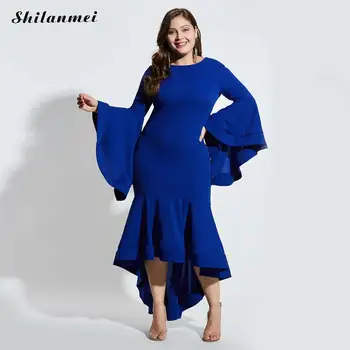 

Ruffles Evening Party Dress Plus Size Blue Dresses For Women 3xl 4xl Flare Sleeve Long Dress Runway Designal Vestidos De Festa