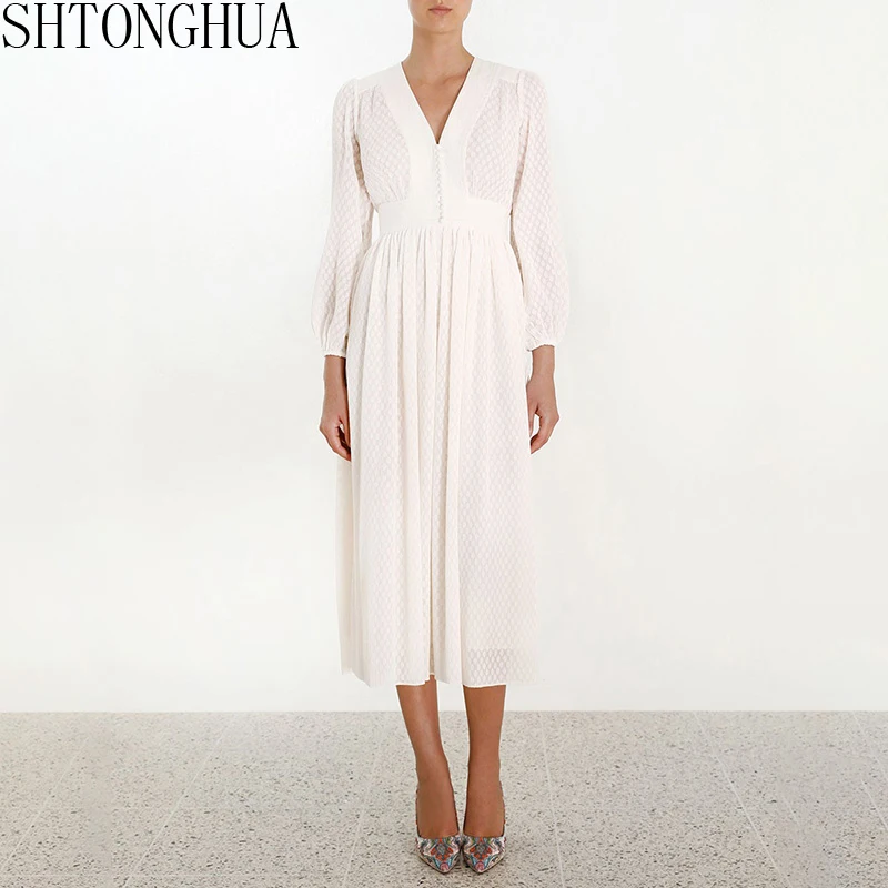 

SHTONGHUA Women V neck Dress 2019 Autumn Casual Puff Sleeve Smil Polka Dot Long Dress Elegant Party Vestidos