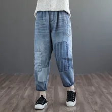 Весенние джинсы Для женщин штаны с эластичной резинкой на талии в стиле ретро джинсовые штаны женские новые вышивка в стиле пэчворк мыть брюки, подходящие для любого размера
