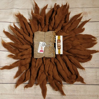 

Dia=65cm 100% Wool Fluffy Baby Blanket +150*45cm Stretch Lace Wrap with Ball Fringe+matched Cotton headband for Newborn Shooting