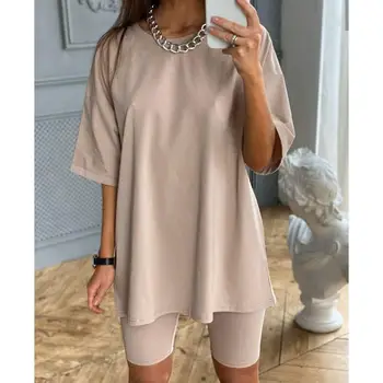 安い ファッション白カーキセクシーな女性の夏の O ネック半袖シャツトップスとボディコンショーツボトムスーツ 2 枚組衣装 #0602