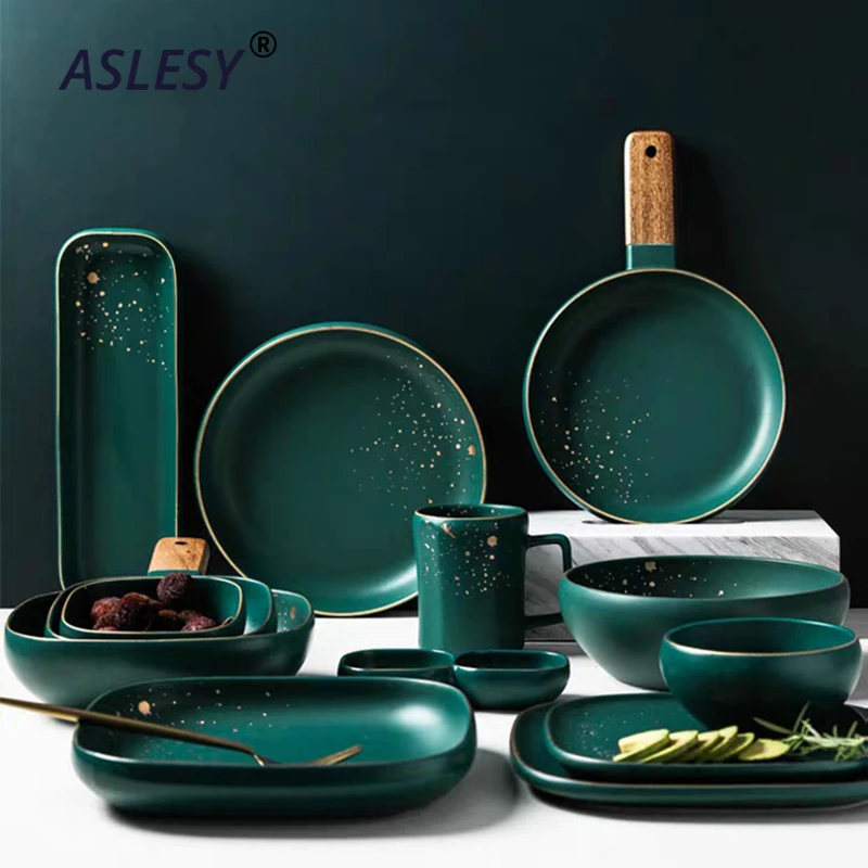 

ASLESY High Fashion Retro Green Dinner Plates Set Nordic Ceramic Tableware Dinnerware Set Bowl Plate Soup Bowl Set Modern Style
