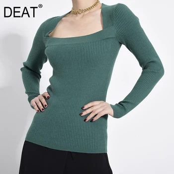 

DEAT Green Brief Knitting Sweater Loose Fit Square Collar Long Sleeve Women Pullovers New Fashion Tide Autumn Winter 2020 1Y579
