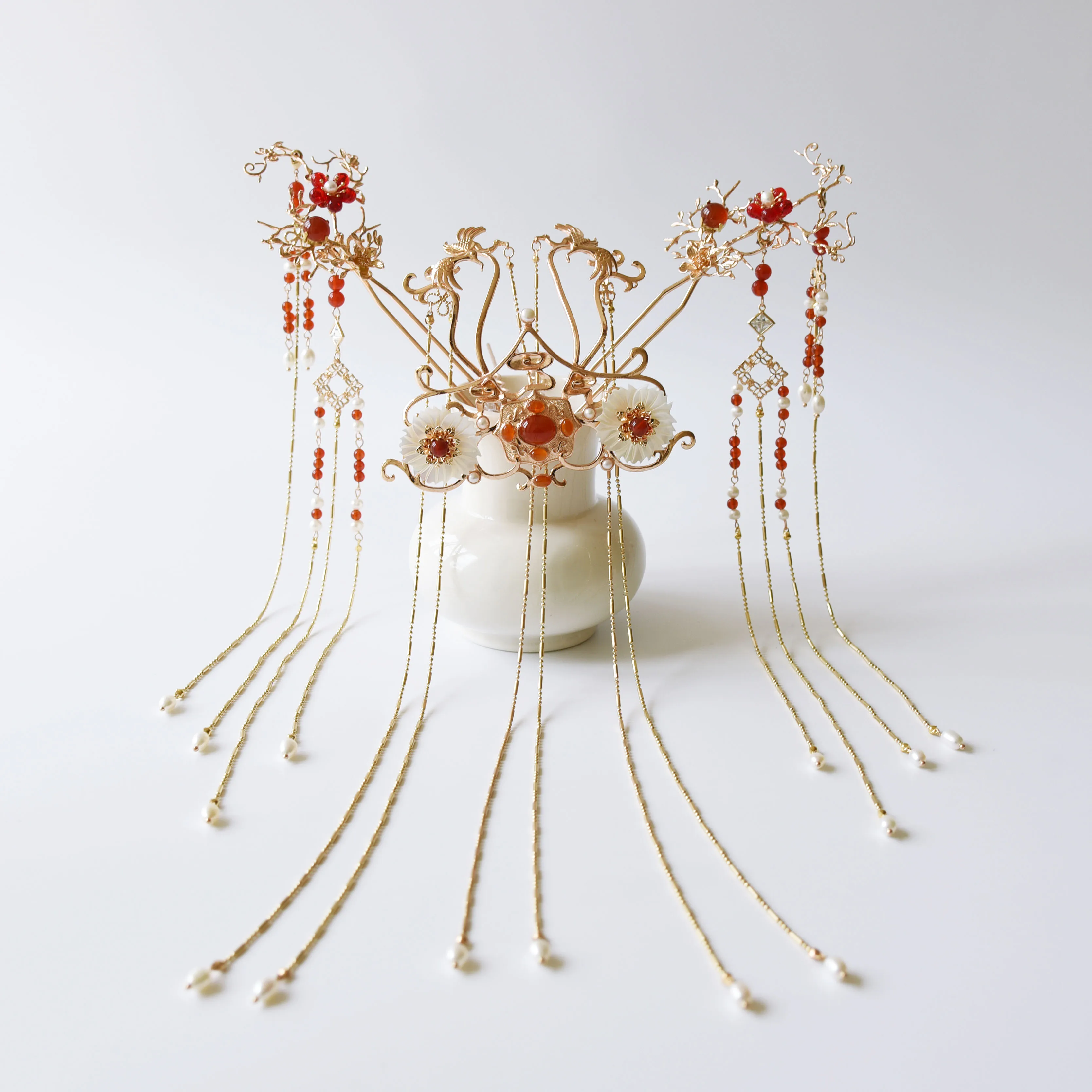 

vintage handmade beaded red jade bead tassel Hair pin crown hair sticks bun accessories Headwear for kimono hanfu COSPLAY