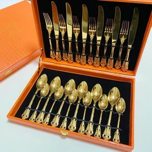 Set di posate reali da 24 pezzi coltelli da tavola di lusso in acciaio inossidabile dorato cucchiaio da tè forchette da cucina stoviglie cena argenteria