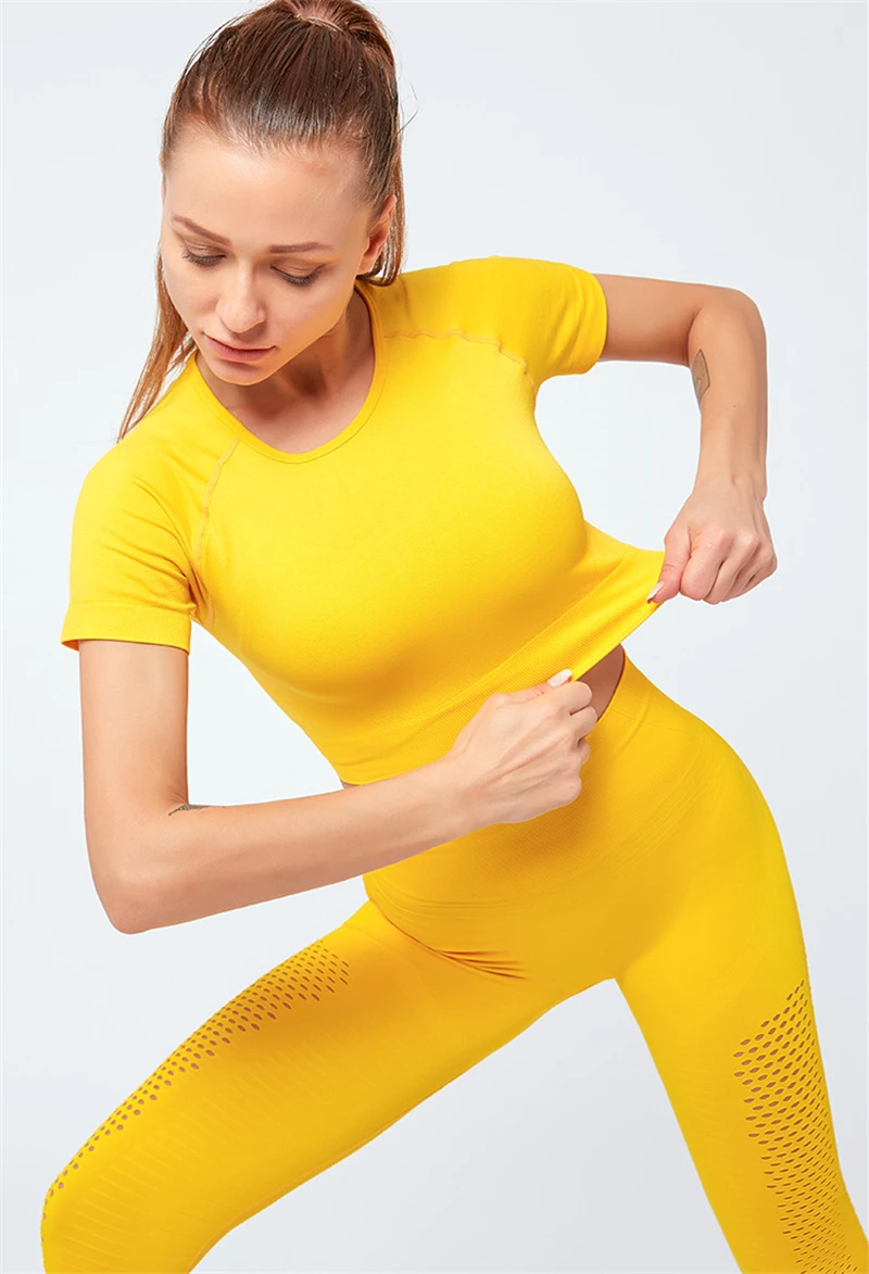 Бесшовный комплект для йоги, Женский хлопковый комплект из 2 предметов, облегающий короткий рукав, укороченный топ, леггинсы, спортивный костюм, тренировочный костюм, костюм для йоги, комплекты для фитнеса и спортзала - Цвет: Yellow set