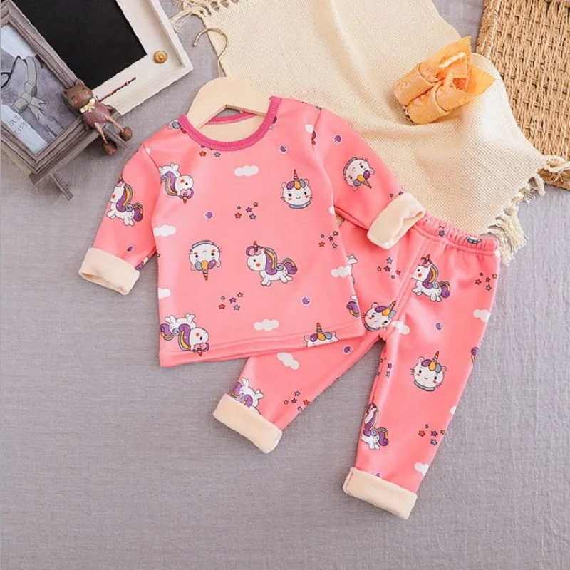 Kids Pajamas Sets Baby Boys Girls Velvet Warm Long Sleeved Tshirt+Pant Cartoon Clothing Autumn Sleepwear Suit Pyjama suit