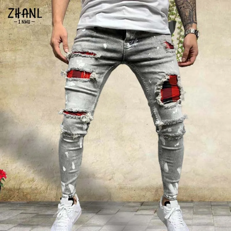 Blue Skinny Men's Jeans Plaid Patchwork Joggers Pants Fashion Paint Painting Streetwear Slim Gray Hip Hop Casual Trousers Male