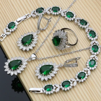 

Wddings Silver 925 Jewelry Sets Green Emerald Beads Earrings Rings Necklace Set Women Party Jewellry Dropshipping