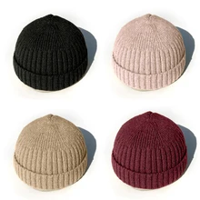 Мужская вязаная шапка, зимняя вязаная шапка, шапка с черепом для мальчика, шапка с манжетами в стиле ретро, темно-синяя короткая шапка, одноцветная, унисекс, осенняя теплая шапка