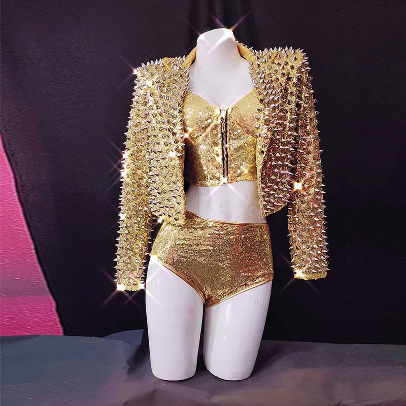 Панк заклепки рок локомотив женский певец костюм женское пальто бюстгальтер шорты сценическая одежда для ночного клуба комплект одежды для вечеринок